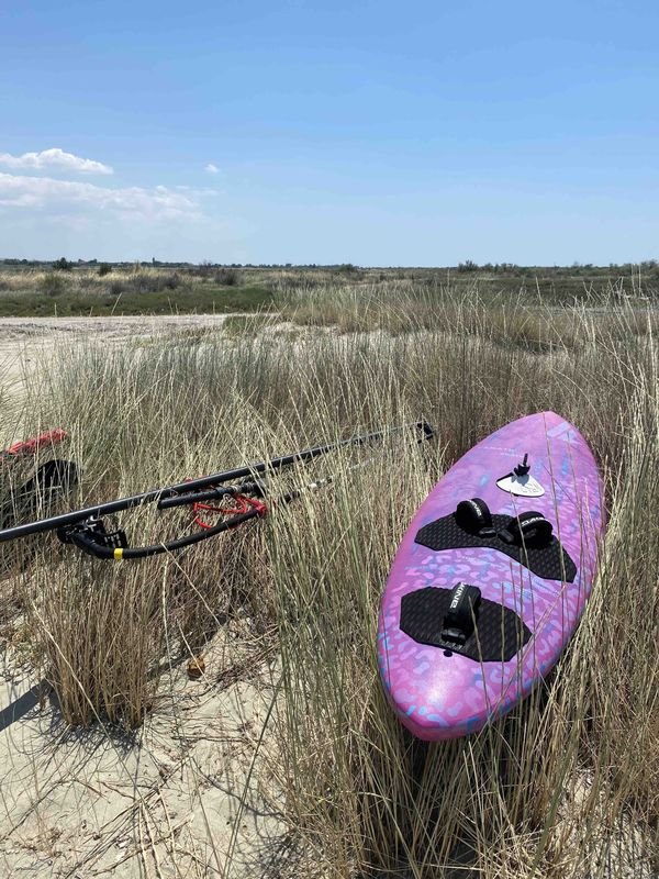 A windsurf board with a pink and blue pattern standing upright in dune grass, a mast and boom laid out beside it, flat scrubland and open sky behind.
